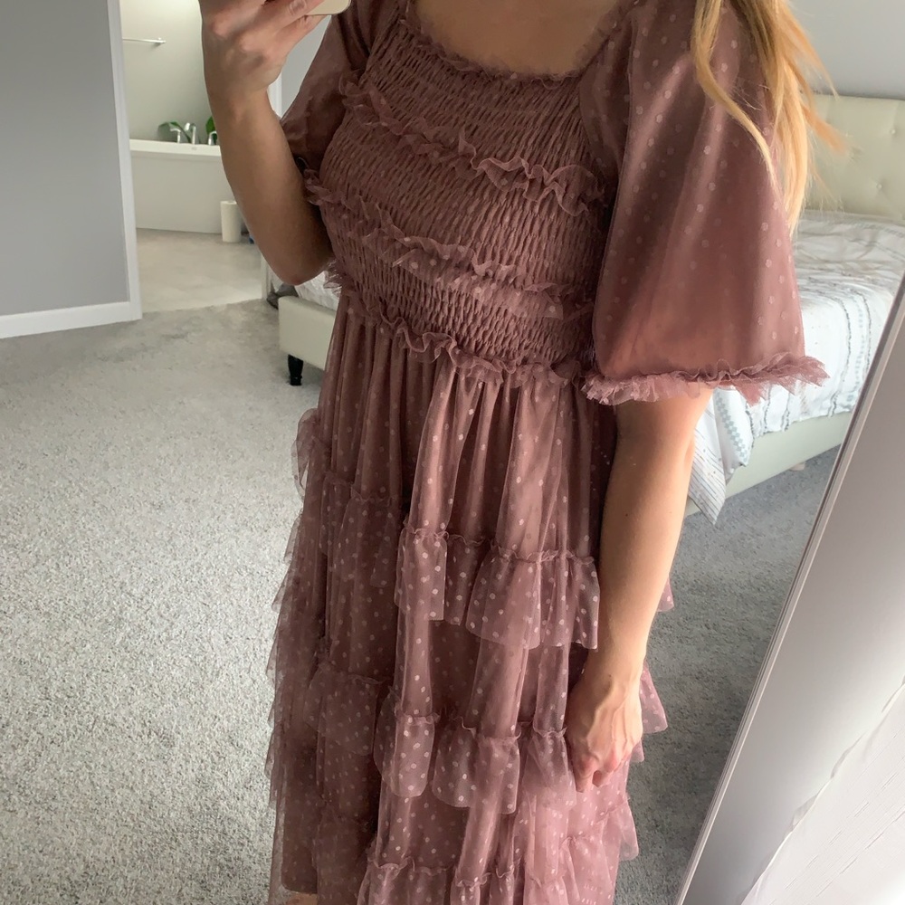 Pink Dot Smocked Ruffle Tiered Maternity Midi Dress - Picture 3 of 7